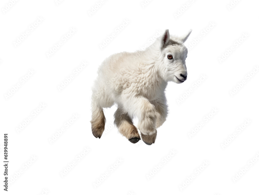 a baby Mountain Goat, Oreamnos americanus, full body in motion, in various positions, Nature -themed, photorealistic illustrations in a PNG, cutout, and isolated. Generative AI a baby Mountain Goat, Oreamnos americanus, full body in motion, in various positions, Nature -themed, photorealistic illustrations in a PNG, cutout, and isolated. Generative AI