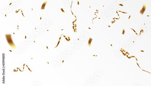 Confetti on a transparent background. Falling shiny golden confetti. Bright golden festive tinsel. Holiday design elements for web banner, poster, flyer, invitation. Vector