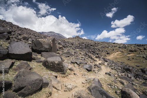 Mount Ararat with glacier and snow peak in nice sunny weather with blue sky and clouds