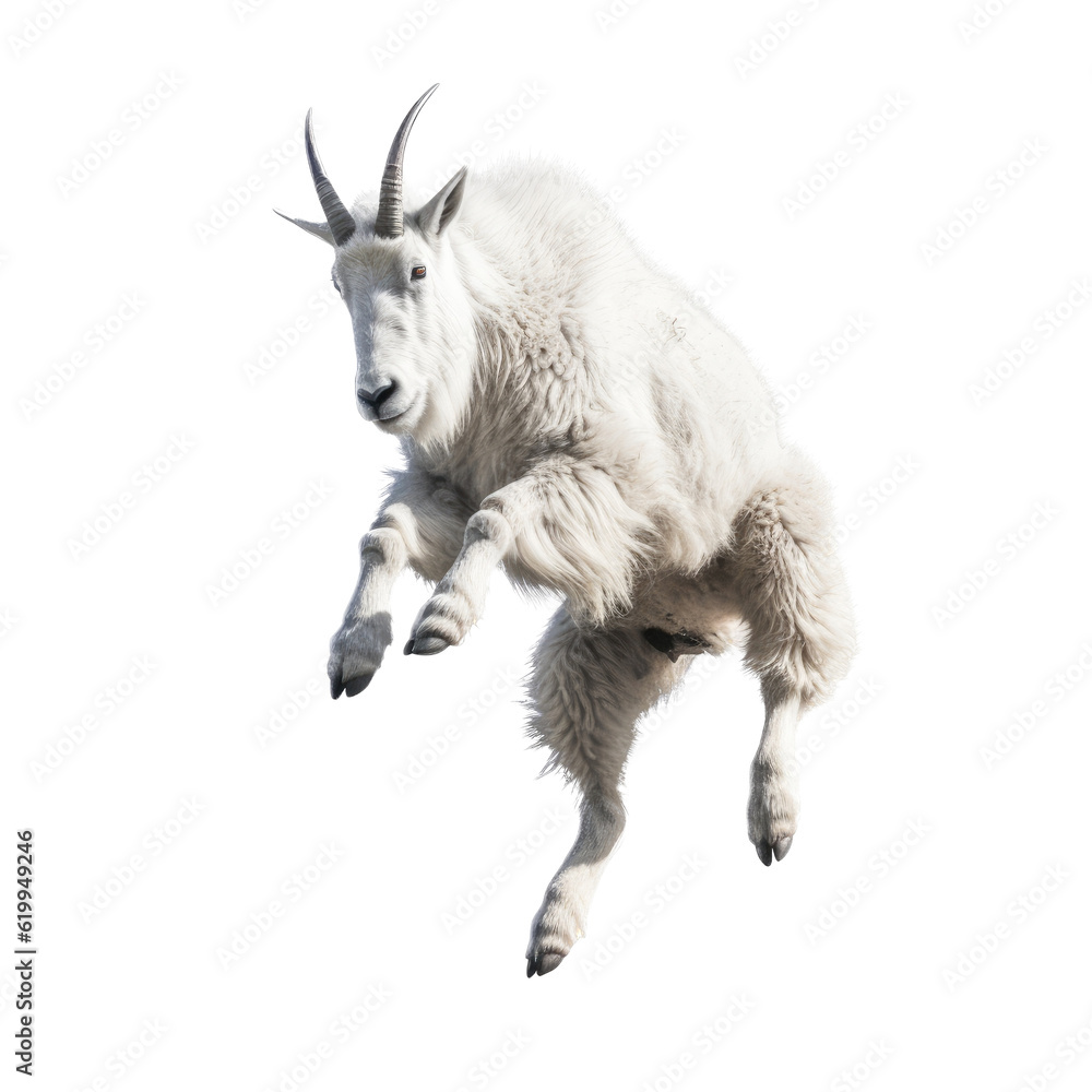 Obraz premium a Mountain Goat, Oreamnos americanus, in motion in various positions, full body, Nature -themed, photorealistic illustrations in a PNG, cutout, and isolated. Generative AI