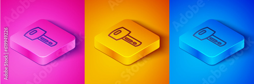 Isometric line Car key with remote icon isolated on pink and orange, blue background. Car key and alarm system. Square button. Vector