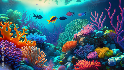 A mesmerizing underwater world featuring colorful coral reefs and exotic marine life.