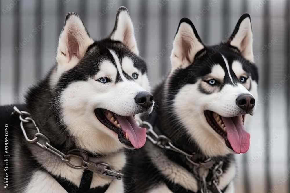 Illustration of two energetic husky dogs with open mouths in black and white