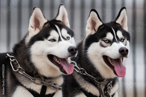 Illustration of two energetic husky dogs with open mouths in black and white