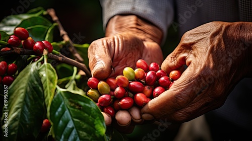 hands holding red coffee bean . coffee bean, coffee in hand photo