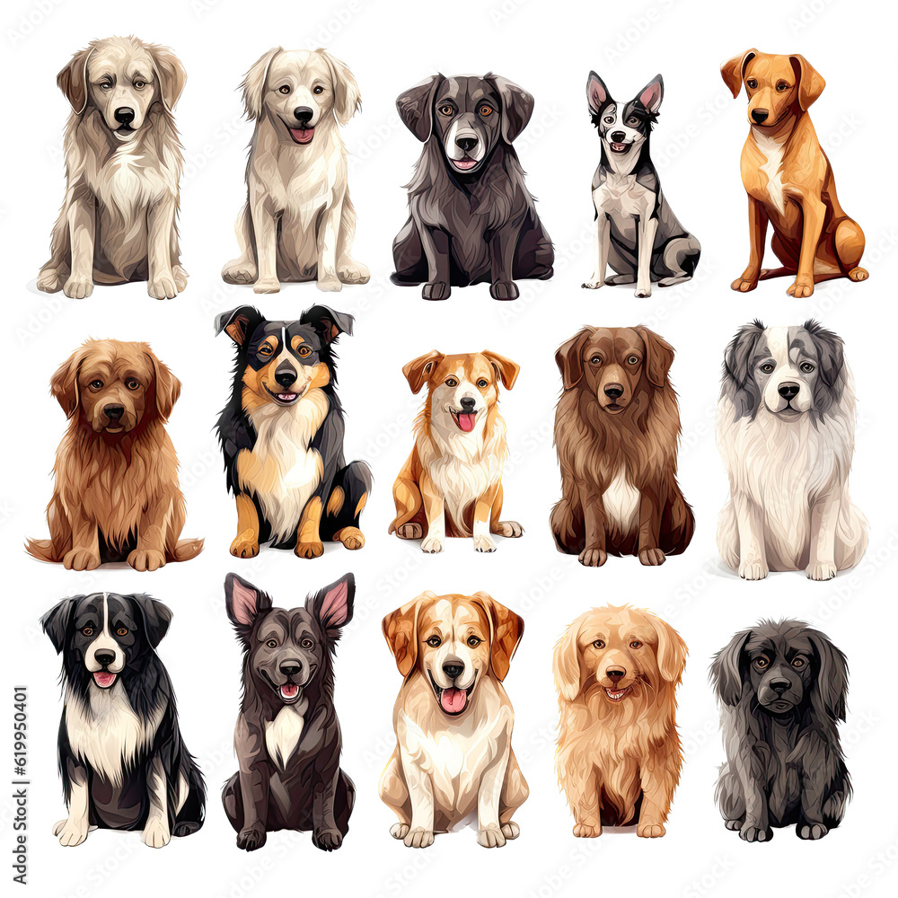  a group/set of adorable dogs of different breeds, in various positions in Pet-themed, photorealistic illustrations in a PNG, cutout, and isolated. Generative AI