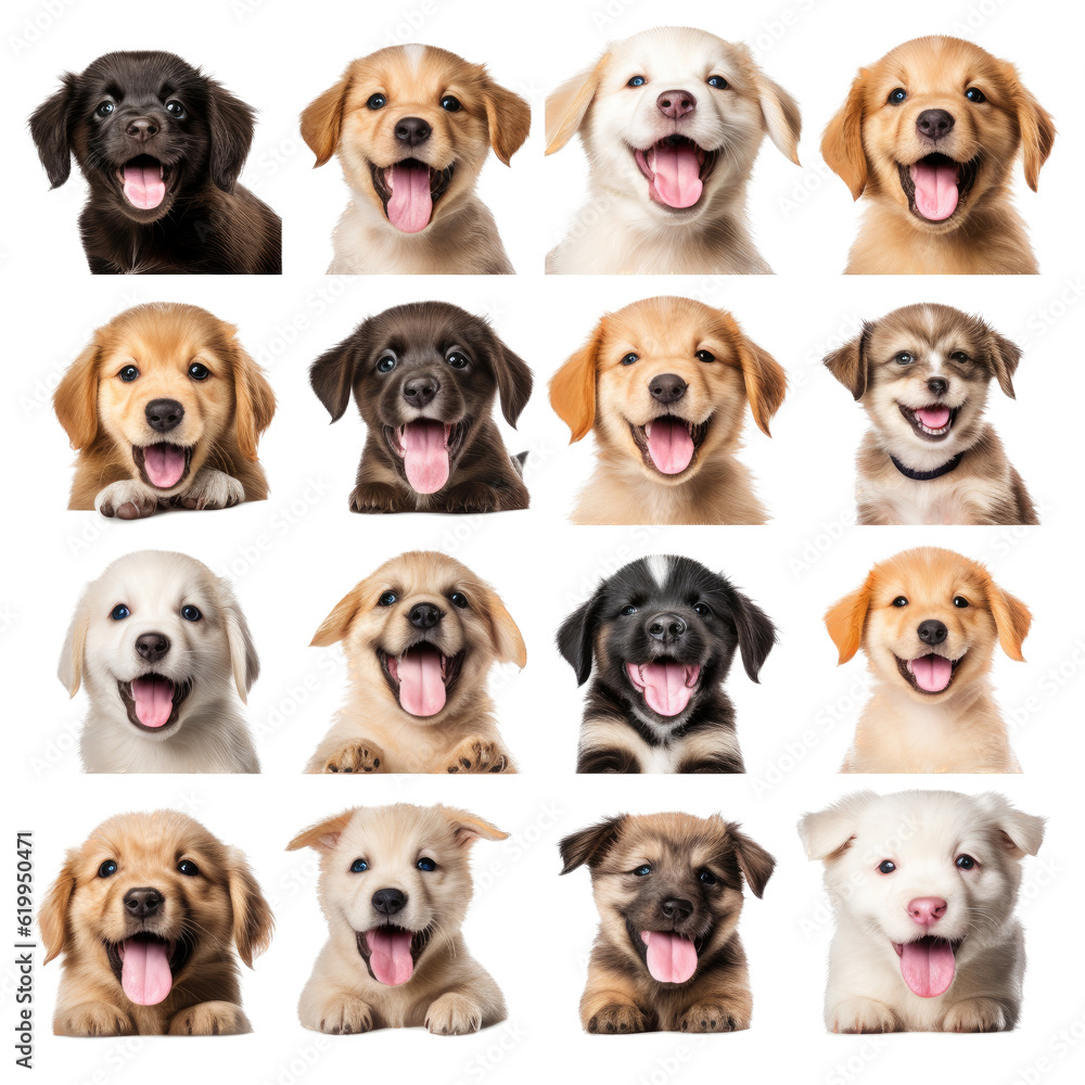 a group/set of adorable puppies of different breeds, Portraits in Pet-themed, photorealistic illustrations in a PNG, cutout, and isolated. Generative AI a group/set of adorable puppies of different breeds, Portraits in Pet-themed, photorealistic illustrations in a PNG, cutout, and isolated. Generative AI