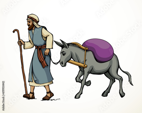 Vector drawing. Donkey loaded with cargo