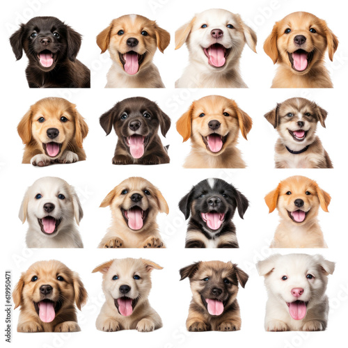 a group/set of adorable puppies of different breeds, Portraits in Pet-themed, photorealistic illustrations in a PNG, cutout, and isolated. Generative AI © Purple Penguin GFX