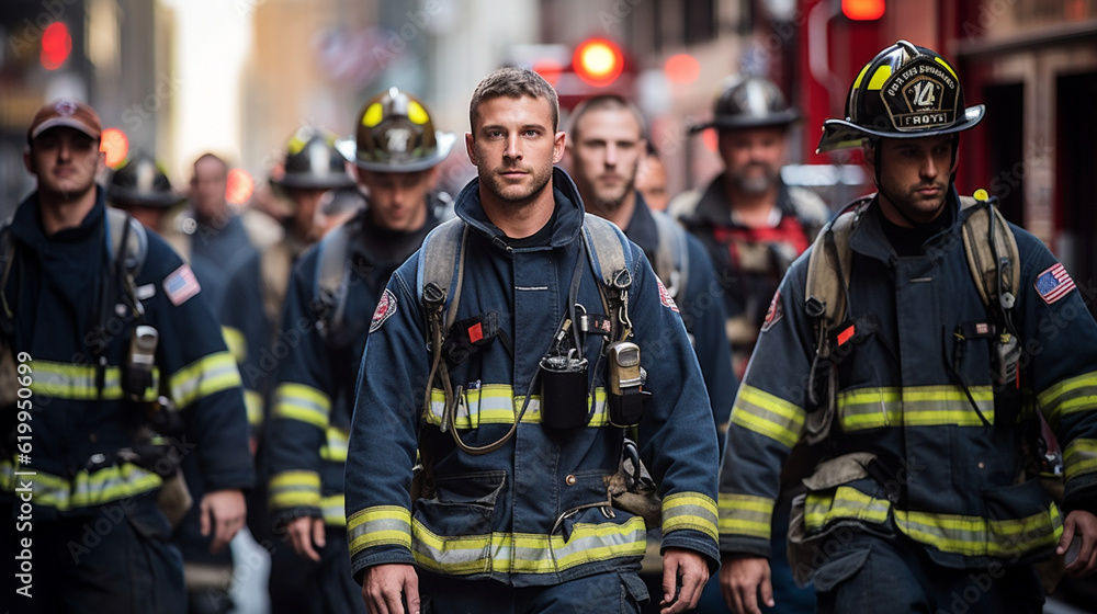 A group of firefighters walking together, their uniforms adorned with badges and symbols of honor Generative AI A group of firefighters walking together, their uniforms adorned with badges and symbols of honor Generative AI