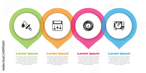 Set Bloody knife, Drum machine music, Vinyl disk and player with vinyl. Business infographic template. Vector