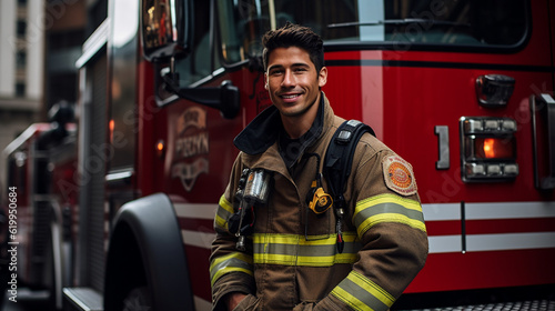 A firefighter leaning against a fire truck, their posture exuding strength and resilience Generative AI