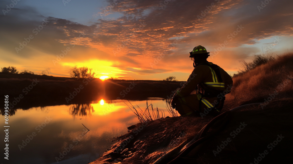 A firefighter taking a moment to appreciate a beautiful sunset or sunrise, capturing the serenity after a long day Generative AI A firefighter taking a moment to appreciate a beautiful sunset or sunrise, capturing the serenity after a long day Generative AI