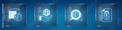 Set NFT Digital crypto art, and Document and lock. Square glass panels. Vector