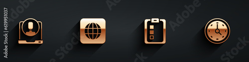 Set Telephone 24 hours support, Worldwide, Online quiz, test, survey and Clock icon with long shadow. Vector