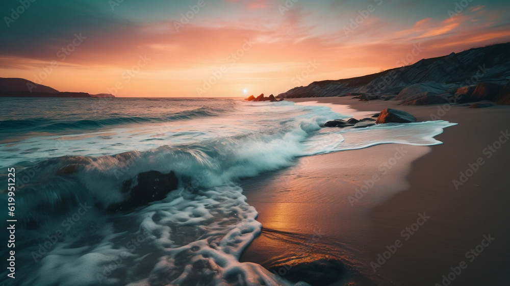 AI Generated collection of photorealistic,unsplash photos and oil painting illustration of  magic colourful beautiful nature with magic colourful beautiful beach, photorealistic