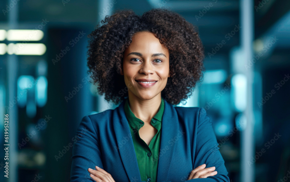 Smiling confident middle aged african american businesswoman leader looking at camera standing in office. CEO portrait. AI Generative Smiling confident middle aged african american businesswoman leader looking at camera standing in office. CEO portrait. AI Generative