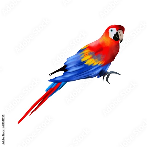 Bright parrot Macaw isolated on white background. Watercolor illustration on a summer theme. Greeting cards, wedding invitations, flyers and banners.