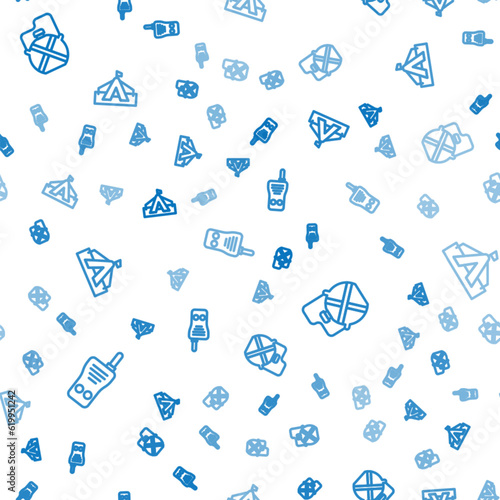 Set line Walkie talkie, Canteen water bottle and Tourist tent on seamless pattern. Vector