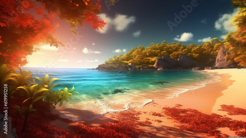 AI Generated collection of photorealistic,unsplash photos and oil painting illustration of  magic colourful beautiful nature with magic colourful beautiful beach, photorealistic © alhaitham