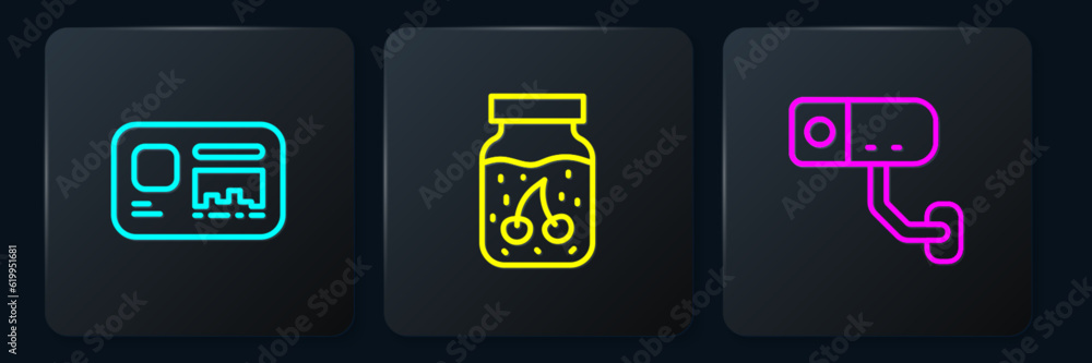 Set line Identification badge, Security camera and Jam jar. Black square button. Vector Set line Identification badge, Security camera and Jam jar. Black square button. Vector