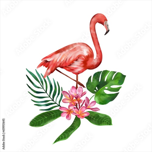 Pink flamingo  plumeria and tropical leaves isolated on white background. Watercolor tropical composition. Greeting cards  summer flyers and banners.
