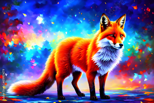 Red fox in very colorful colors  beautiful animal  forest dweller. The picture was created with Generative AI technology