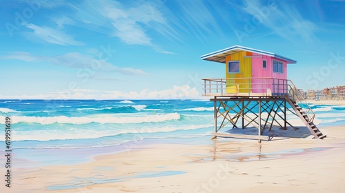 a horizontal format, Summer ocean scapes with light aquas, corals, yellows and pinks, bungalows, and vans, in a JPG format. Generative AI  © Purple Penguin GFX