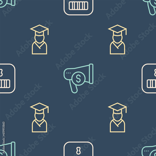 Set line Prison cell door, Graduate and graduation cap and Megaphone dollar on seamless pattern. Vector