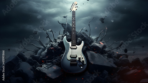Rock poster, guitar in the night. Illustration. Ai generation.