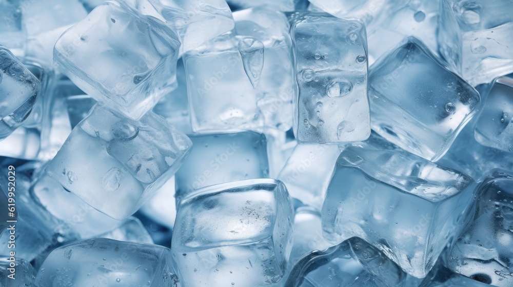 a horizontal format, blue ice, ice cubes, as a background, in a JPG format. Generative AI
