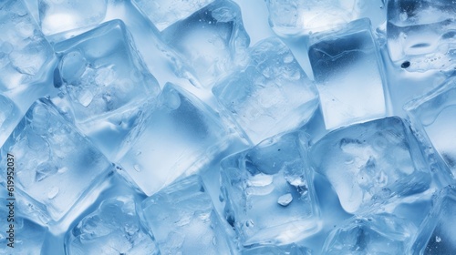 a horizontal format, blue ice, ice cubes, as a background, in a JPG format. Generative AI