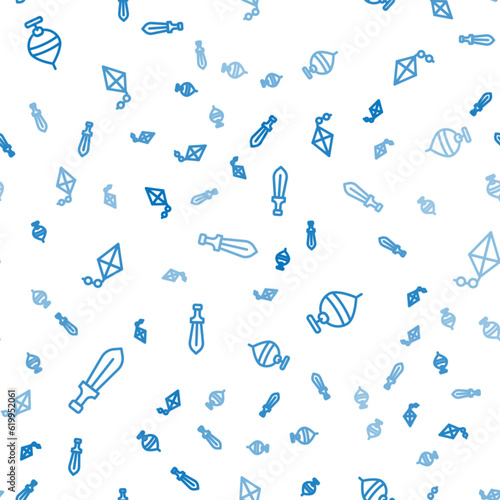 Set line Sword toy, Whirligig and Kite on seamless pattern. Vector