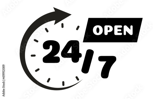 24 opent hours sign black color style isolated on white background. Clock, stopwatch, cooking time label. vector 10 eps
