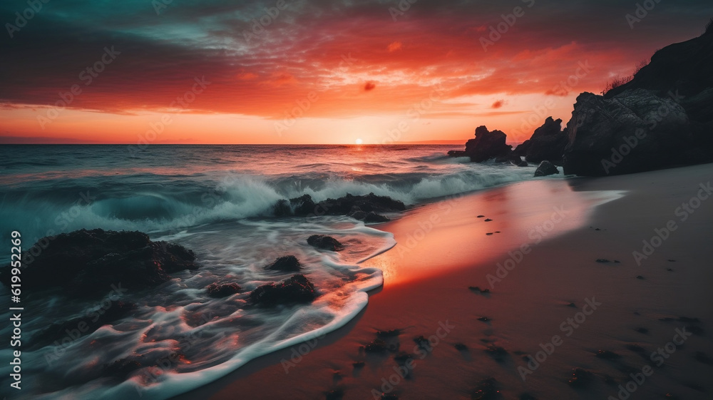 AI Generated collection of photorealistic,unsplash photos and oil painting illustration of  magic colourful beautiful nature with magic colourful beautiful beach, photorealistic