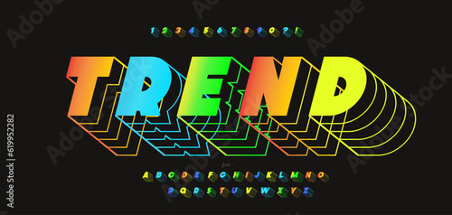 Vector trend font gradient color style modern typography for decoration, industrial, logo, poster, t shirt, book, card, sale banner, printing on fabric. Cool 3d typeface. Trendy alphabet. 10 eps
