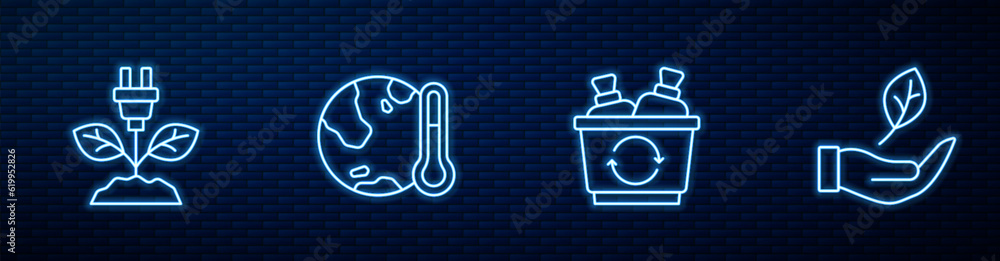 Set line Recycle bin, Electric saving plug leaf, Earth melting to global warming and Leaf hand. Glowing neon icon on brick wall. Vector Set line Recycle bin, Electric saving plug leaf, Earth melting to global warming and Leaf hand. Glowing neon icon on brick wall. Vector