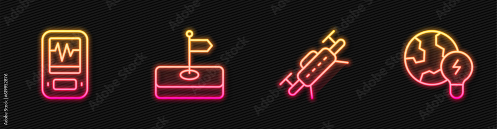 Set line Drone, Seismograph, Flag and Global planet with bulb. Glowing neon icon. Vector