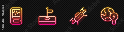 Set line Drone, Seismograph, Flag and Global planet with bulb. Glowing neon icon. Vector