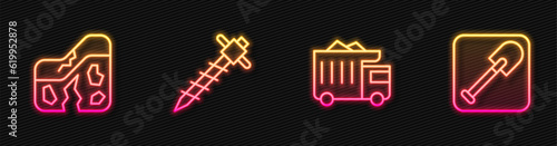 Set line Mining dump truck, Geological fault, Construction jackhammer and Shovel. Glowing neon icon. Vector