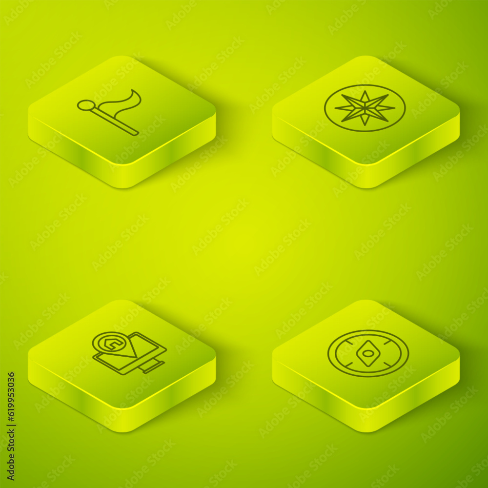 Set Isometric line Wind rose, Monitor with map location, Compass and Flag icon. Vector Set Isometric line Wind rose, Monitor with map location, Compass and Flag icon. Vector