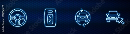 Set line Car service, Steering wheel, key with remote and Online car sharing. Glowing neon icon on brick wall. Vector