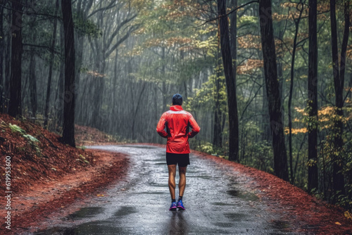 Wallpaper Mural Man runner in sports jacket run forest trail in the rain, back view. Generative AI Torontodigital.ca