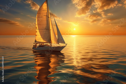 Sailboat in the sea in the evening sunlight over beautiful background. Generative AI