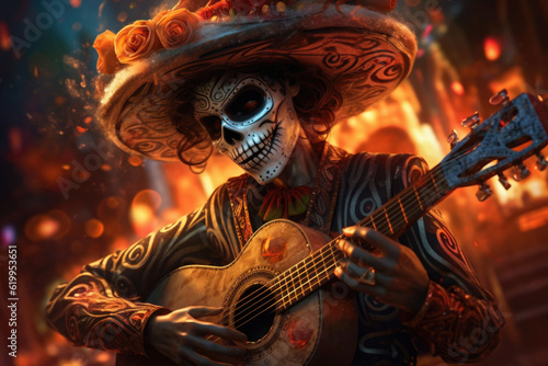 A skeleton mariachi playing the guitar. The Day of the Dead style. Generative AI photo