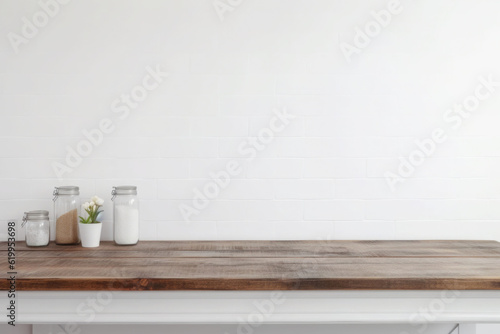 Empty wooden table and blurred white kitchen wall background. Generative AI