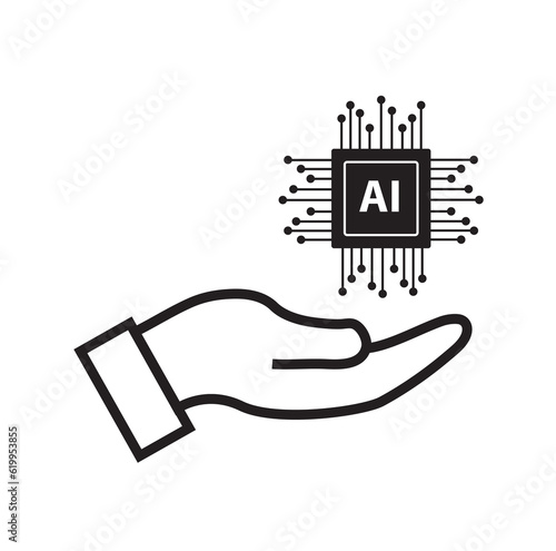 Mano sosteniendo un icono de inteligencia artificial sobre un fondo blanco. Vista de frente y de cerca. Vector