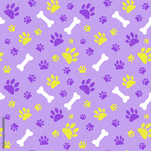 Seamless pattern for pet shop with purple background. Bright print for clothes or accessories for dogs with paw and bone vector