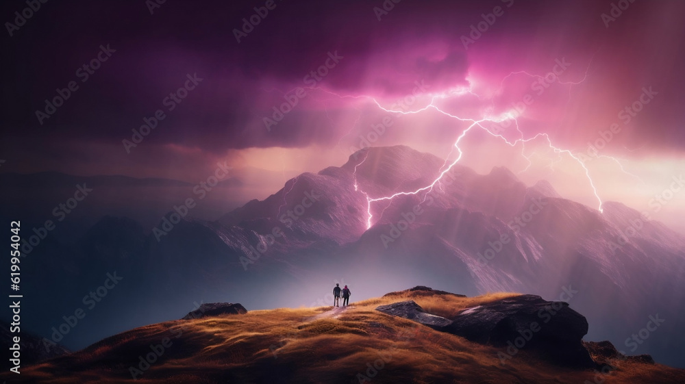 AI Generated collection of  photorealistic hikers battling magenta golden lightening thunderstorm on the top of a great magical mountain surrounding by amazing space galaxy background,photorealistic