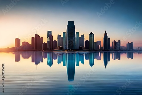skyline reflected in water generated by AI technology  © asad